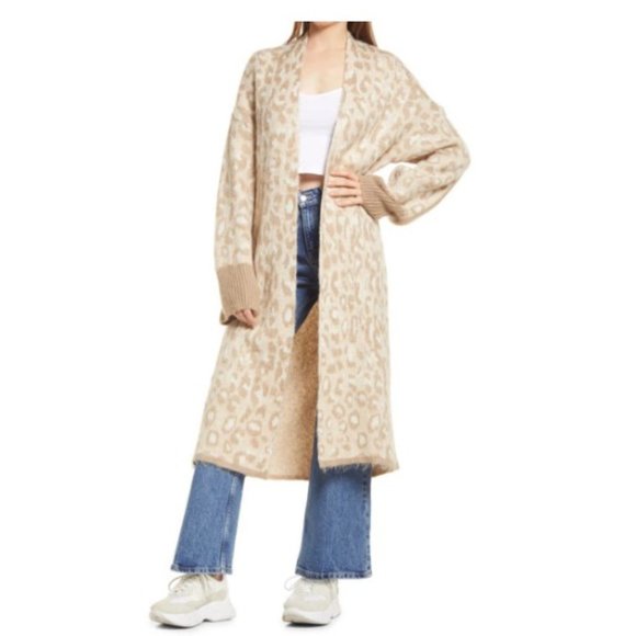 NWT Topshop Leopard Animal Print Tan Cardigan Sweater Duster Open Front Size XS - Picture 1 of 9